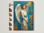 A framed artwork featuring a woman with angel wings adorns a wall. The artwork is displayed with multiple frame options visible. Explore various framing styles for your artwork. Find the perfect frame to complement your art.
