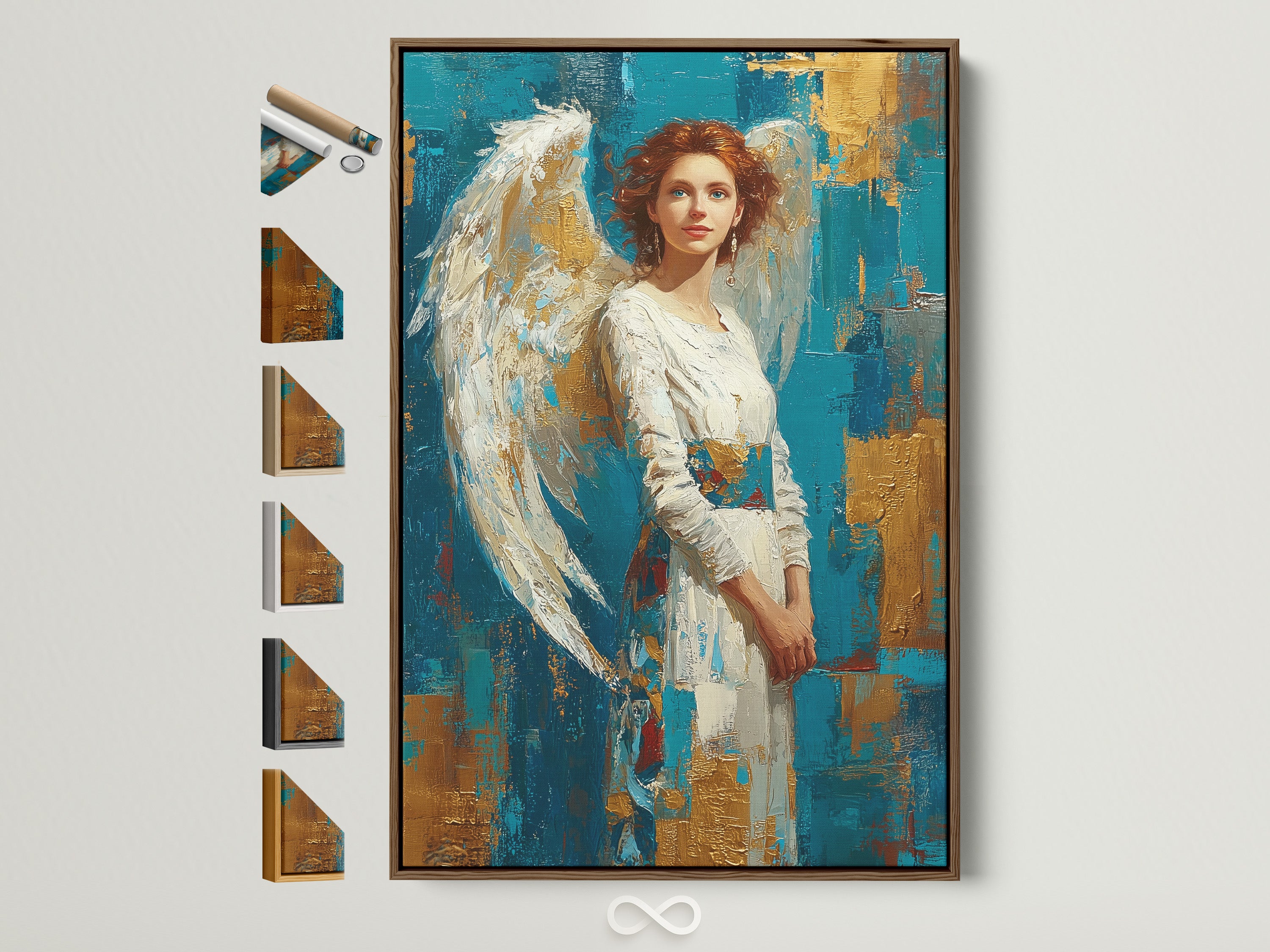 A framed artwork featuring a woman with angel wings adorns a wall. The artwork is displayed with multiple frame options visible. Explore various framing styles for your artwork. Find the perfect frame to complement your art.