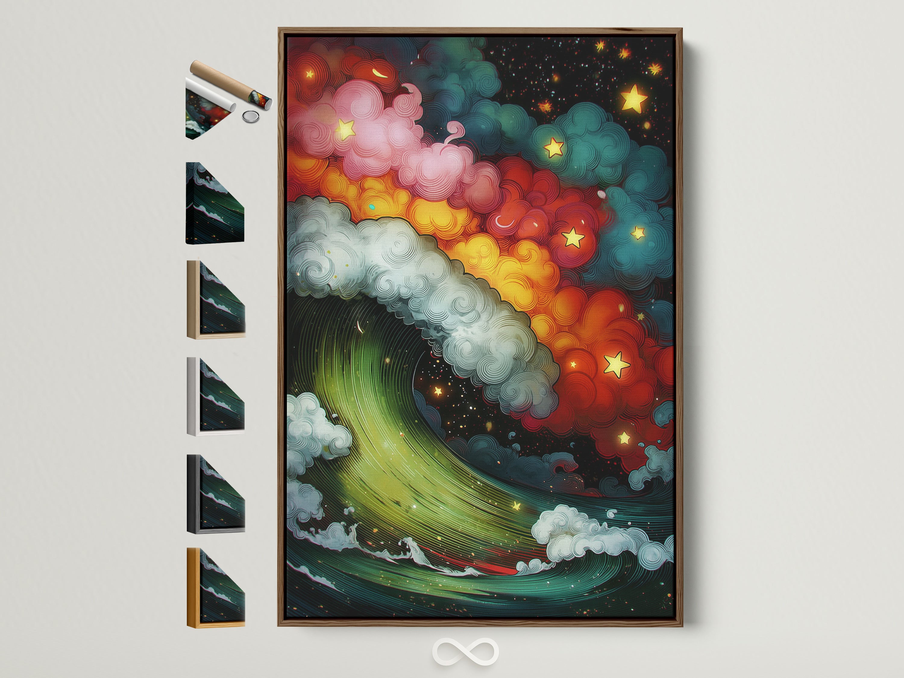 Explore our framing options for the Cosmic Wave artwork. This photo showcases a variety of frame styles. Find the perfect frame to complement your celestial ocean wall art. See all available frame choices to enhance your colorful galaxy poster. Make your starry night artwork stand out.