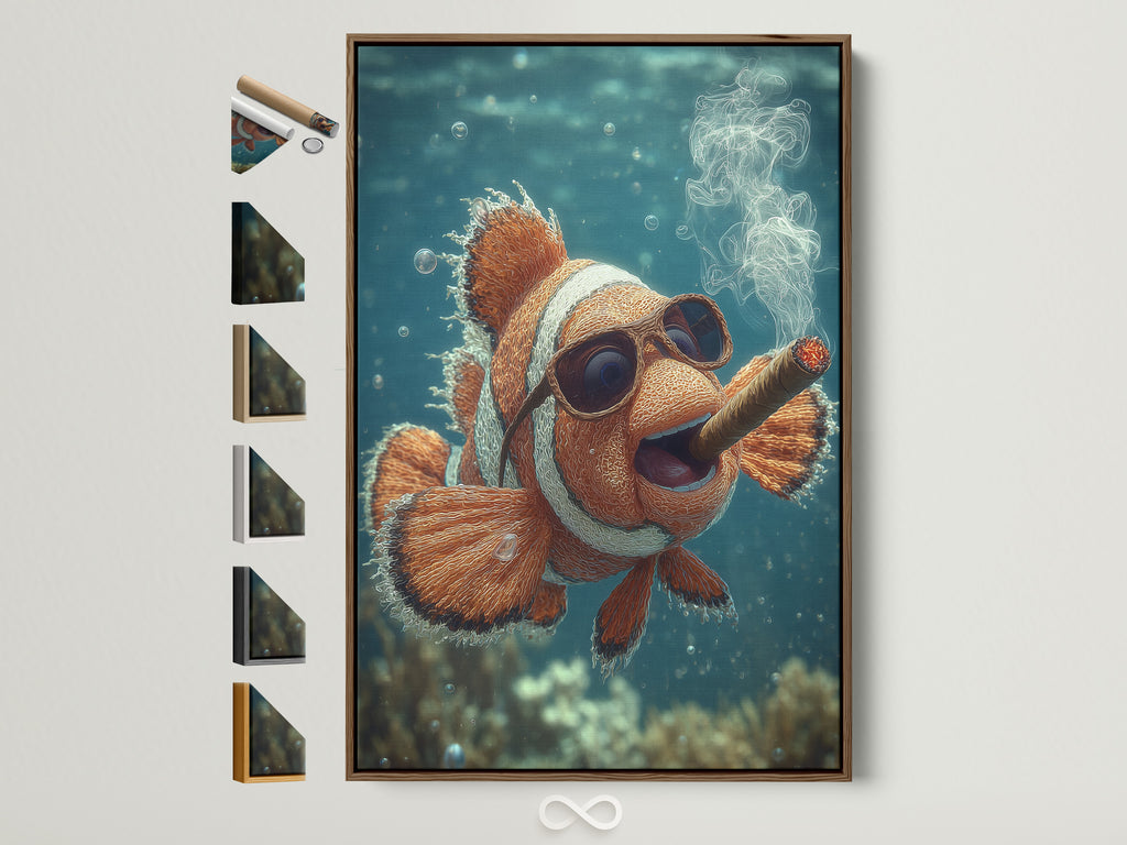 Clownfish art print in a brown frame. All available frame options are displayed. This art piece adds a playful and stylish touch to any room. The brown frame enhances the artwork. Shop now to find the perfect frame for your art.