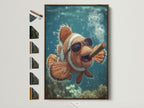 Clownfish art print in a brown frame. All available frame options are displayed. This art piece adds a playful and stylish touch to any room. The brown frame enhances the artwork. Shop now to find the perfect frame for your art.