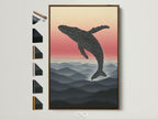 A whale artwork print with a brown frame is displayed. You can view all frame options available. The artwork features a minimalist nature poster for bedroom decor. This whale canvas print showcases a mountain landscape wall art.