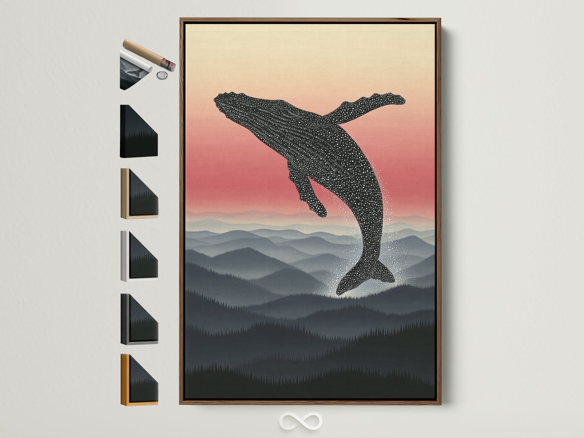 A whale artwork print with a brown frame is displayed. You can view all frame options available. The artwork features a minimalist nature poster for bedroom decor. This whale canvas print showcases a mountain landscape wall art.
