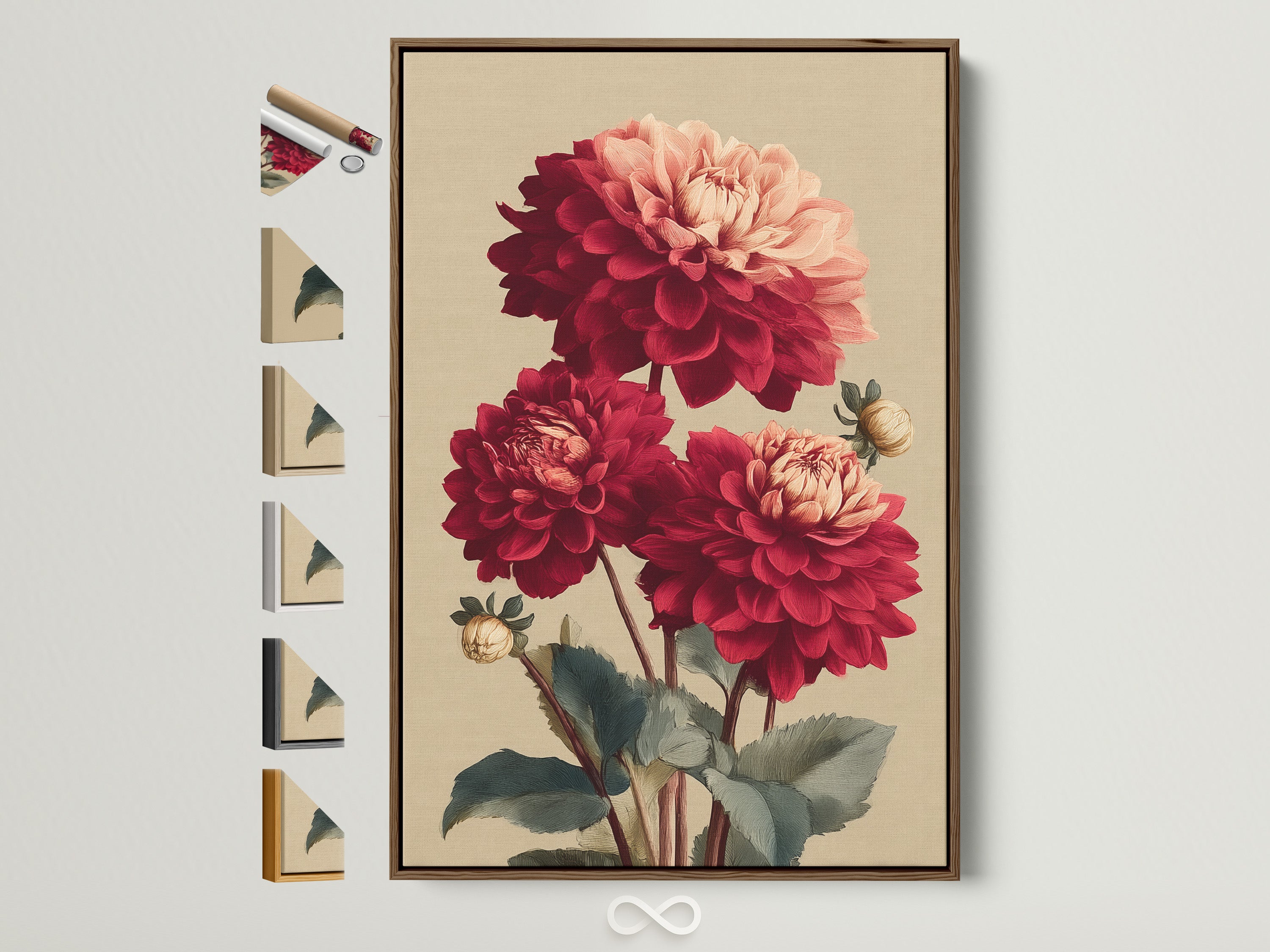 Dahlia Botanical Print with a brown frame. View all frame options on the side. This vintage red flower wall art brings Victorian style to your bedroom decor. A beautiful piece of floral artwork.