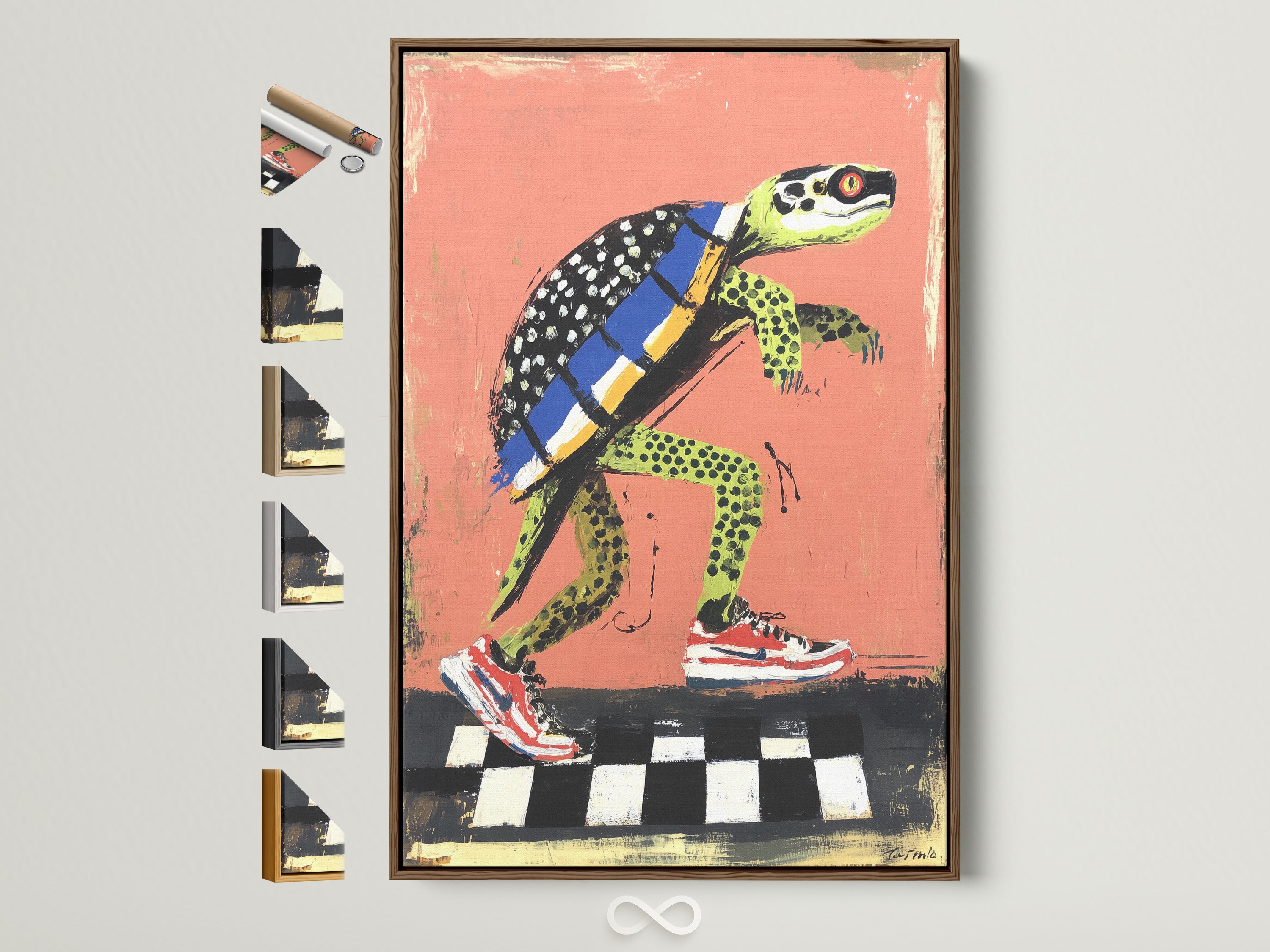 Framed turtle skateboard art print on a wall. This cool animal wall art features a brown frame. You can see all the available frame options displayed beside it. It adds a playful urban touch to any room. Perfect for kids rooms or teen bedrooms.