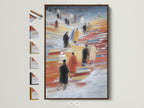 Figures on Books canvas print in a brown frame. This framed artwork displays all available frame options. Perfect modern wall art for study rooms and libraries. A stylish addition to any academic space.