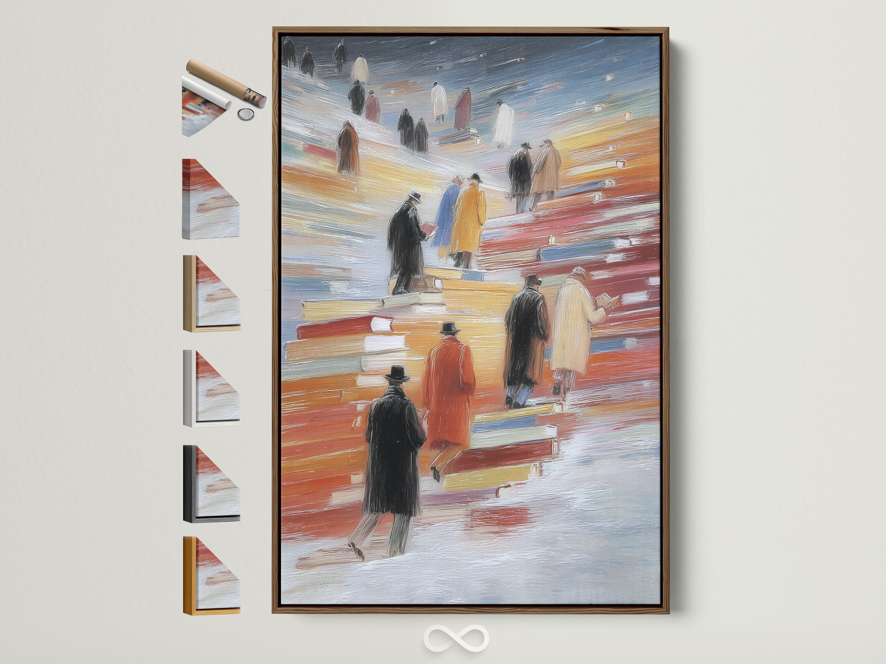 Figures on Books canvas print in a brown frame. This framed artwork displays all available frame options. Perfect modern wall art for study rooms and libraries. A stylish addition to any academic space.