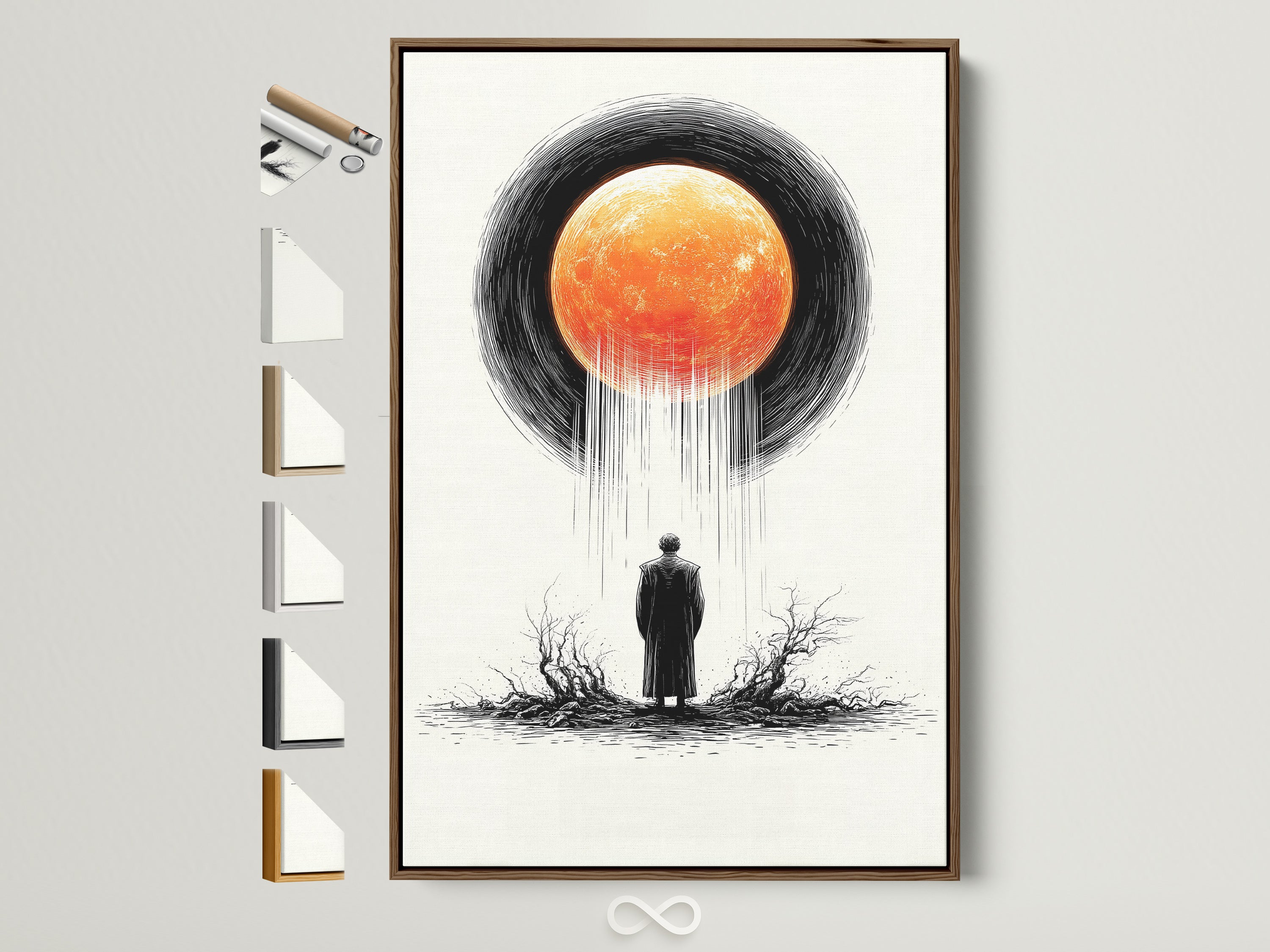 Surreal Eclipse Art Print in a brown frame. See all frame options available. This man and moon canvas wall art adds dramatic orange celestial artwork to your office decor. Modern artwork for minimalist styles.