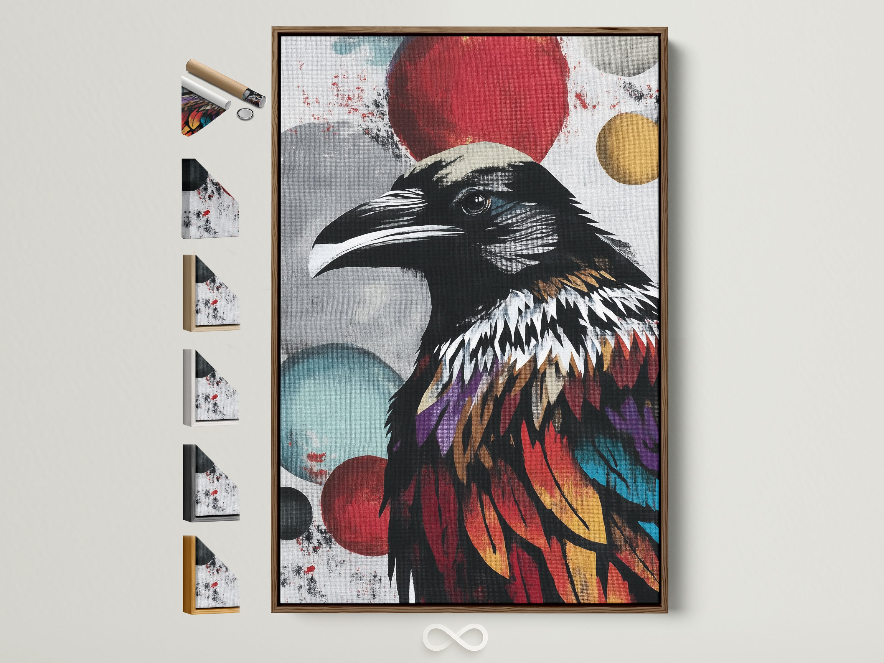 Explore frame options for this colorful raven art. A brown frame surrounds this gothic bird wall art. See available frame styles. Perfect modern artwork for any space. A great gift for bird lovers.