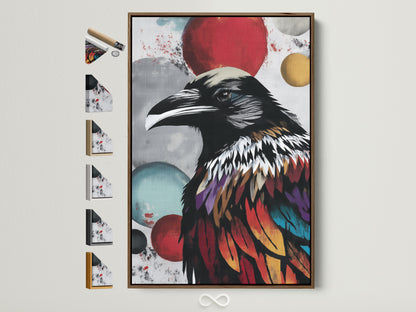Explore frame options for this colorful raven art. A brown frame surrounds this gothic bird wall art. See available frame styles. Perfect modern artwork for any space. A great gift for bird lovers.