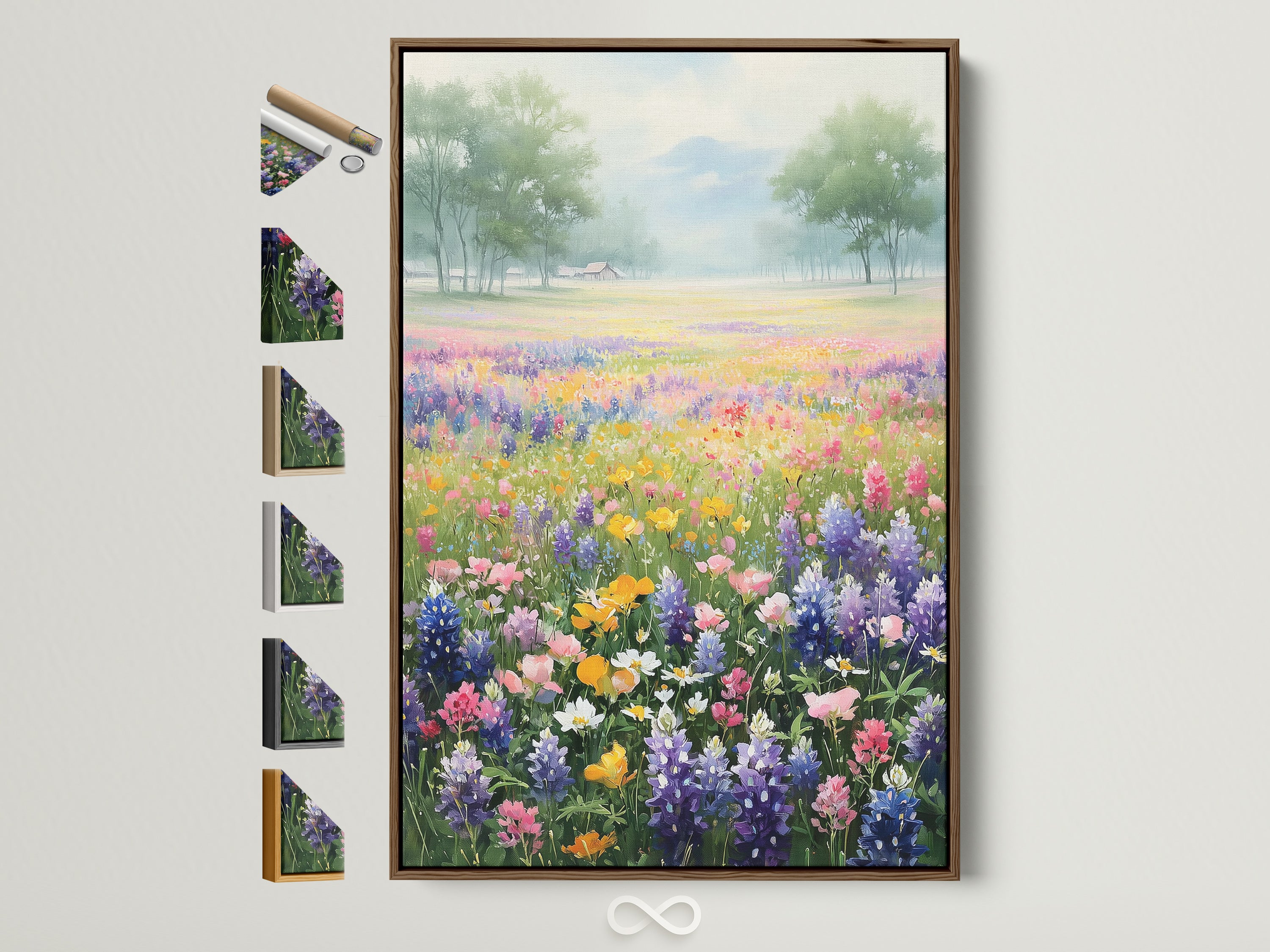 A wildflower field artwork is displayed in a brown frame. See all frame options available. This colorful meadow wall art brings a spring botanical landscape to your bedroom decor. Perfect for country and farmhouse styles.
