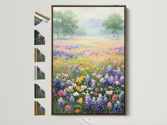 A wildflower field artwork is displayed in a brown frame. See all frame options available. This colorful meadow wall art brings a spring botanical landscape to your bedroom decor. Perfect for country and farmhouse styles.