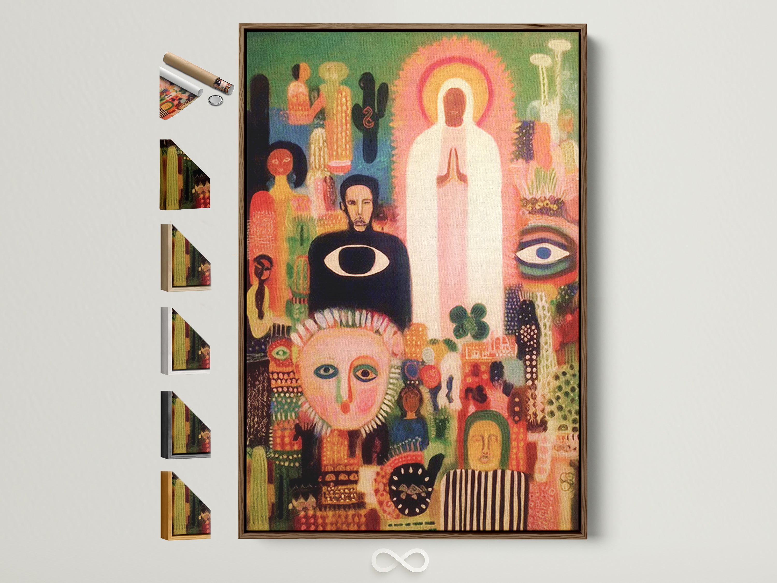 Folk Art canvas print in a brown frame. The wall art features mystical spiritual figures. This artwork is a colorful abstract faces poster. Perfect for a meditation room. See all frame options available. This bohemian wall decor adds eclectic charm.