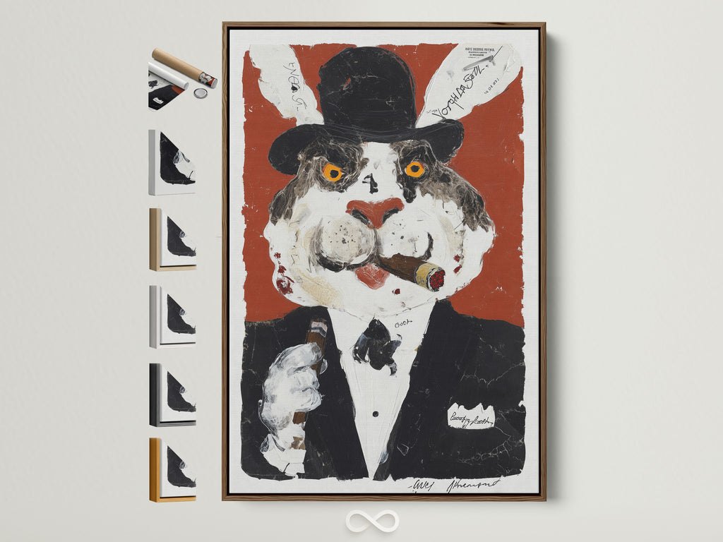 A vintage cat portrait canvas is displayed. It features surreal animal art with a whimsical gentleman cat. This artwork is framed in a brown frame. Frame options are visible on the side. Ideal for office decor or a unique wall art piece.
