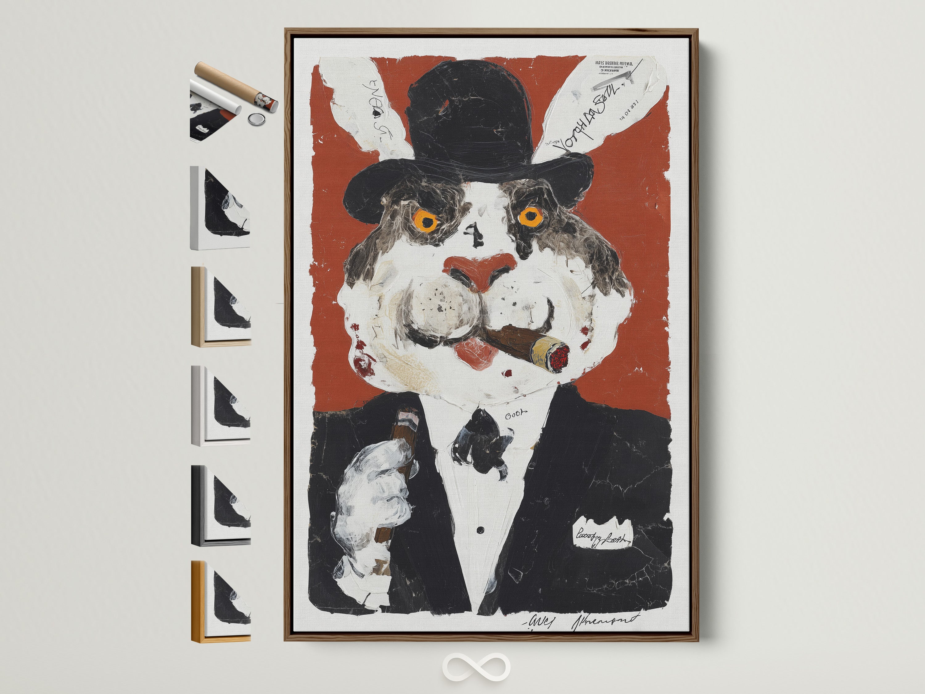 A vintage cat portrait canvas is displayed. It features surreal animal art with a whimsical gentleman cat. This artwork is framed in a brown frame. Frame options are visible on the side. Ideal for office decor or a unique wall art piece.