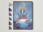 Ganesha Canvas Print in a brown frame. This Hindu God Wall Art is perfect for a meditation room. It is also great yoga studio decor. The blue spiritual artwork embodies peace. Consider this divine elephant art for your space.
