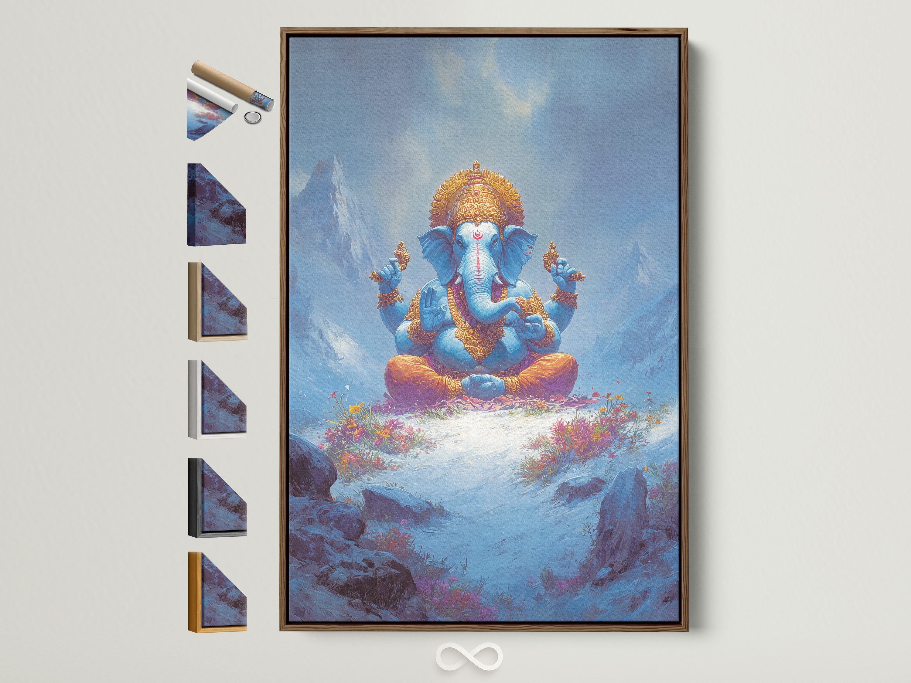 Ganesha Canvas Print in a brown frame. This Hindu God Wall Art is perfect for a meditation room. It is also great yoga studio decor. The blue spiritual artwork embodies peace. Consider this divine elephant art for your space.