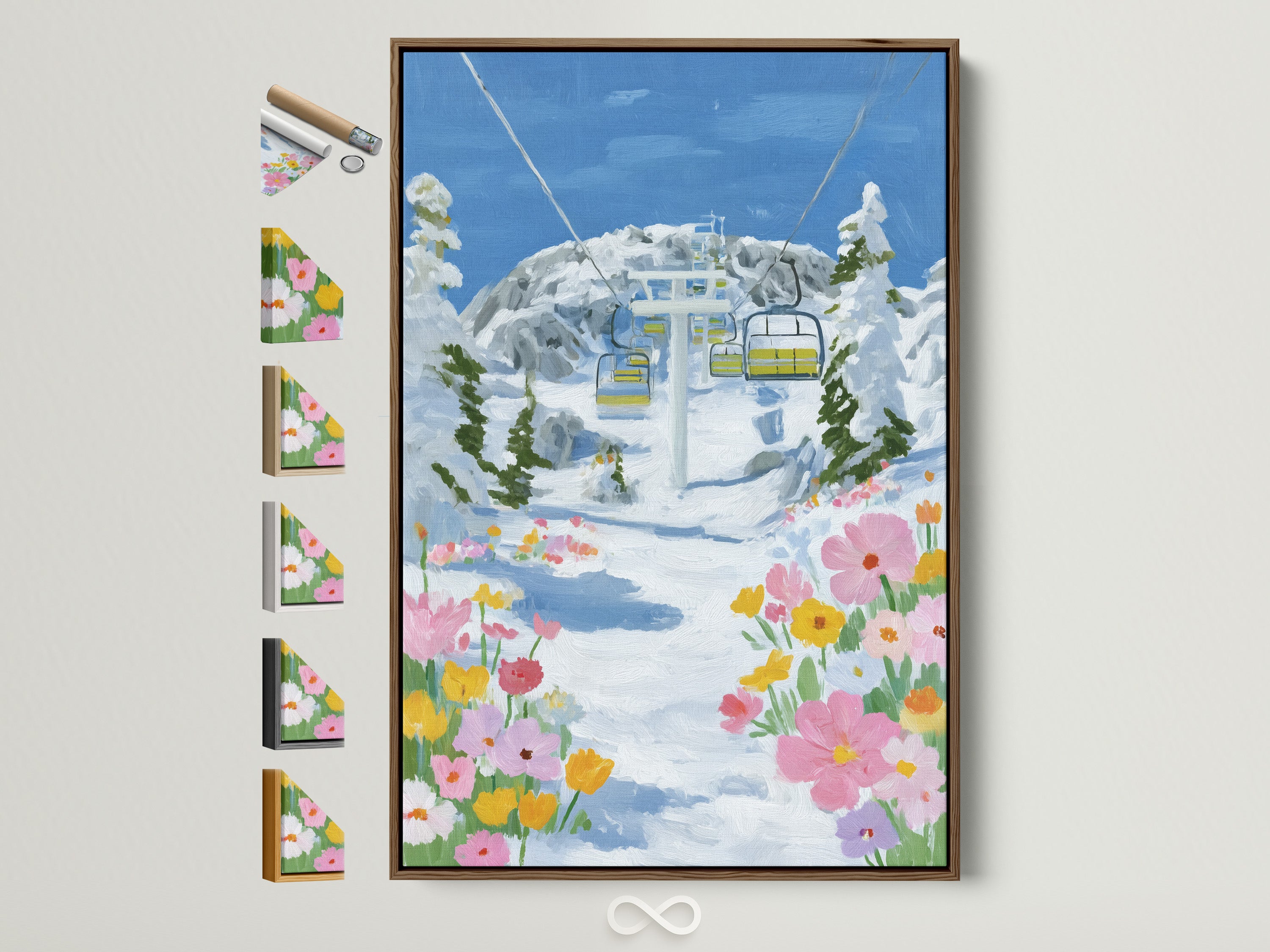 Ski Lift Canvas Print showcases available frame options. A brown frame encases winter mountain wall artwork. Wildflowers accent the alpine landscape. Ideal for lodge style office decor and mountain themed spaces.