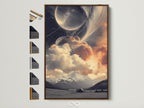 A celestial landscape artwork is displayed in a brown frame. Frame options are visible on the side. This dreamy space artwork features cosmic mountains. Perfect bedroom art for farmhouse or modern styles.