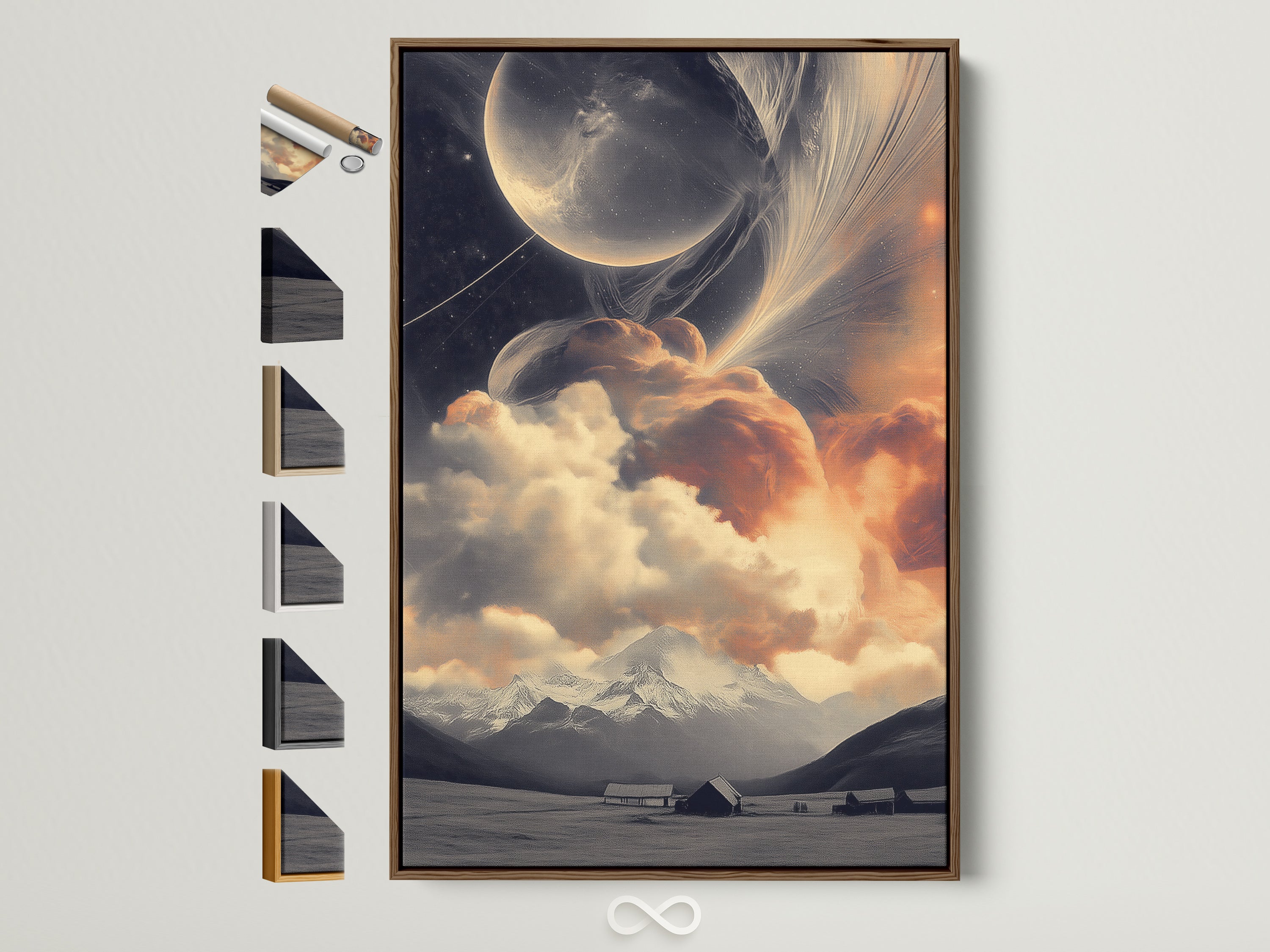 A celestial landscape artwork is displayed in a brown frame. Frame options are visible on the side. This dreamy space artwork features cosmic mountains. Perfect bedroom art for farmhouse or modern styles.
