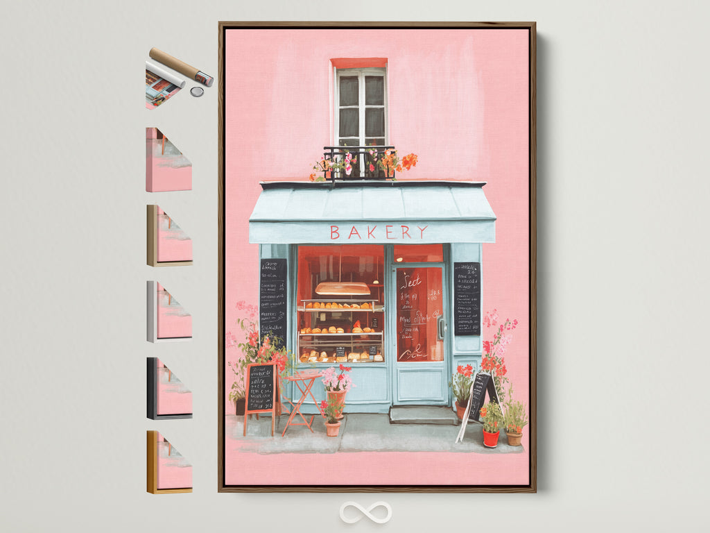 Artwork in a brown frame. This artwork features a charming bakery with pink walls and a blue awning. The art is displayed with various frame options on the side for customers to view. A delightful piece to enhance any room decor with its unique style.