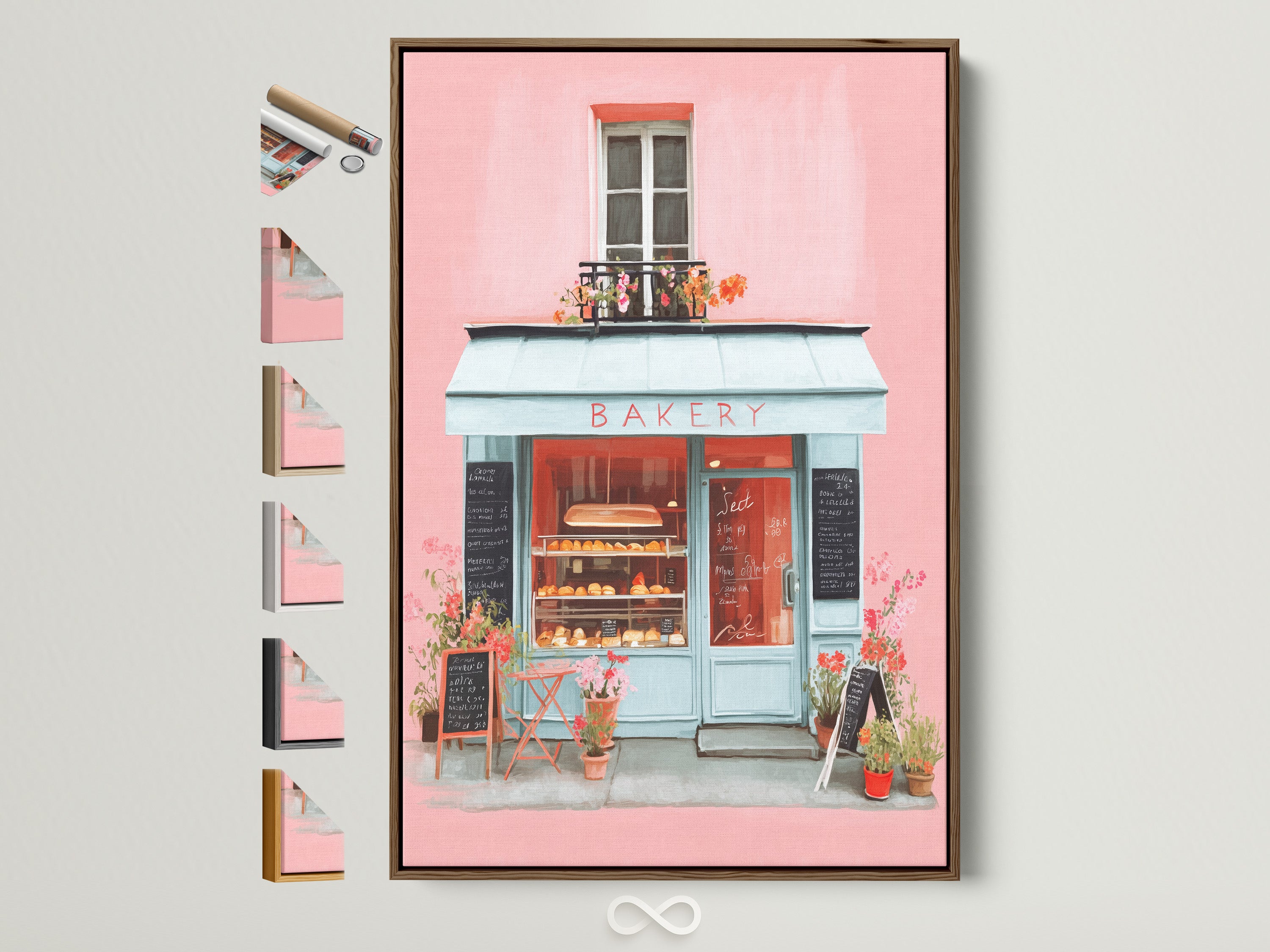 Artwork in a brown frame. This artwork features a charming bakery with pink walls and a blue awning. The art is displayed with various frame options on the side for customers to view. A delightful piece to enhance any room decor with its unique style.