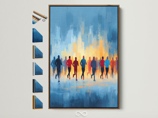 Abstract sports wall art featuring marathon runners in a brown frame. This motivational blue and orange artwork is perfect for a home gym or living room. Frame options are displayed. Enhance your space with inspirational art that celebrates fitness and running.