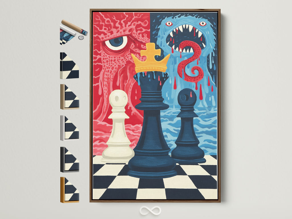A captivating chess game artwork is displayed in a brown frame. Explore various frame options to perfectly match your decor. This monster art wall decor adds a surreal touch to any space. Discover unique styles for your game room or living area. Find the ideal frame to showcase your chessboard print.