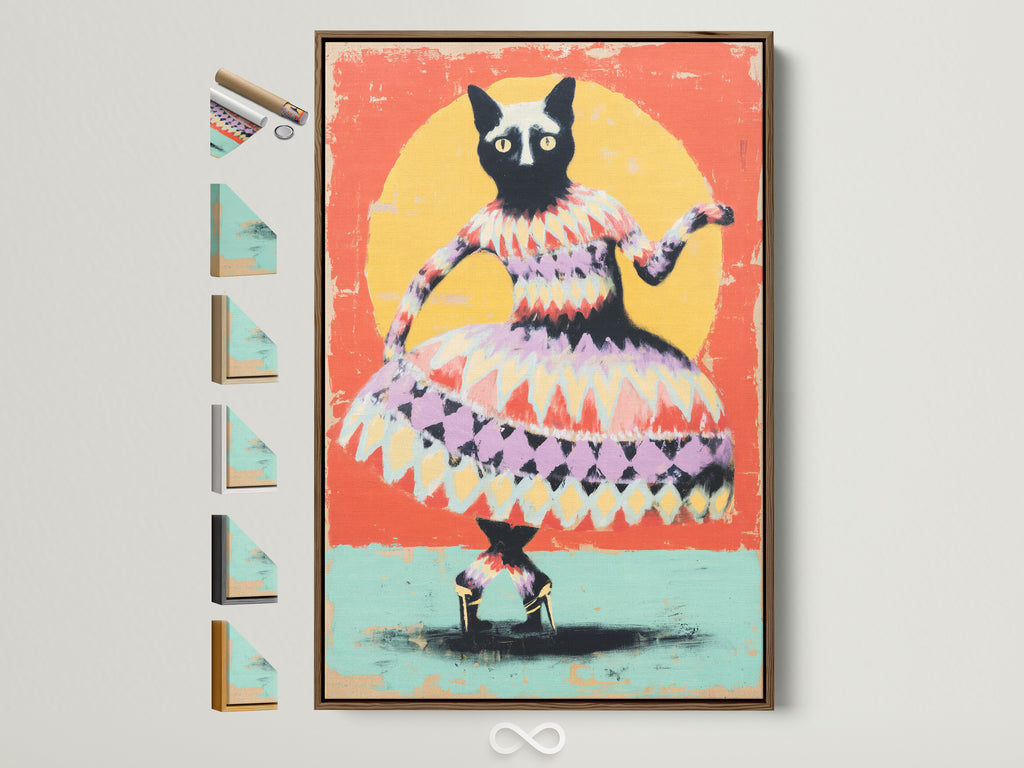 A whimsical cat art print is framed in brown. The artwork features a cat figure in a colorful dress. See frame color options on the side. Perfect animal wall art for kids rooms or nursery wall decor. This folk art canvas adds a quirky touch.