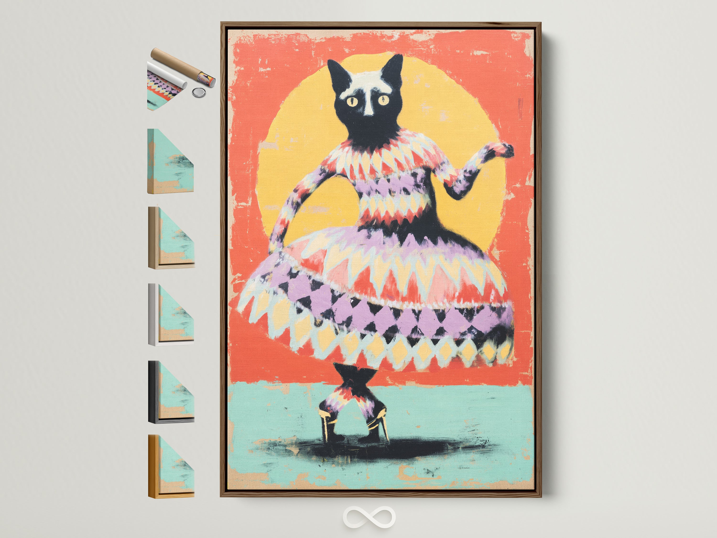 A whimsical cat art print is framed in brown. The artwork features a cat figure in a colorful dress. See frame color options on the side. Perfect animal wall art for kids rooms or nursery wall decor. This folk art canvas adds a quirky touch.