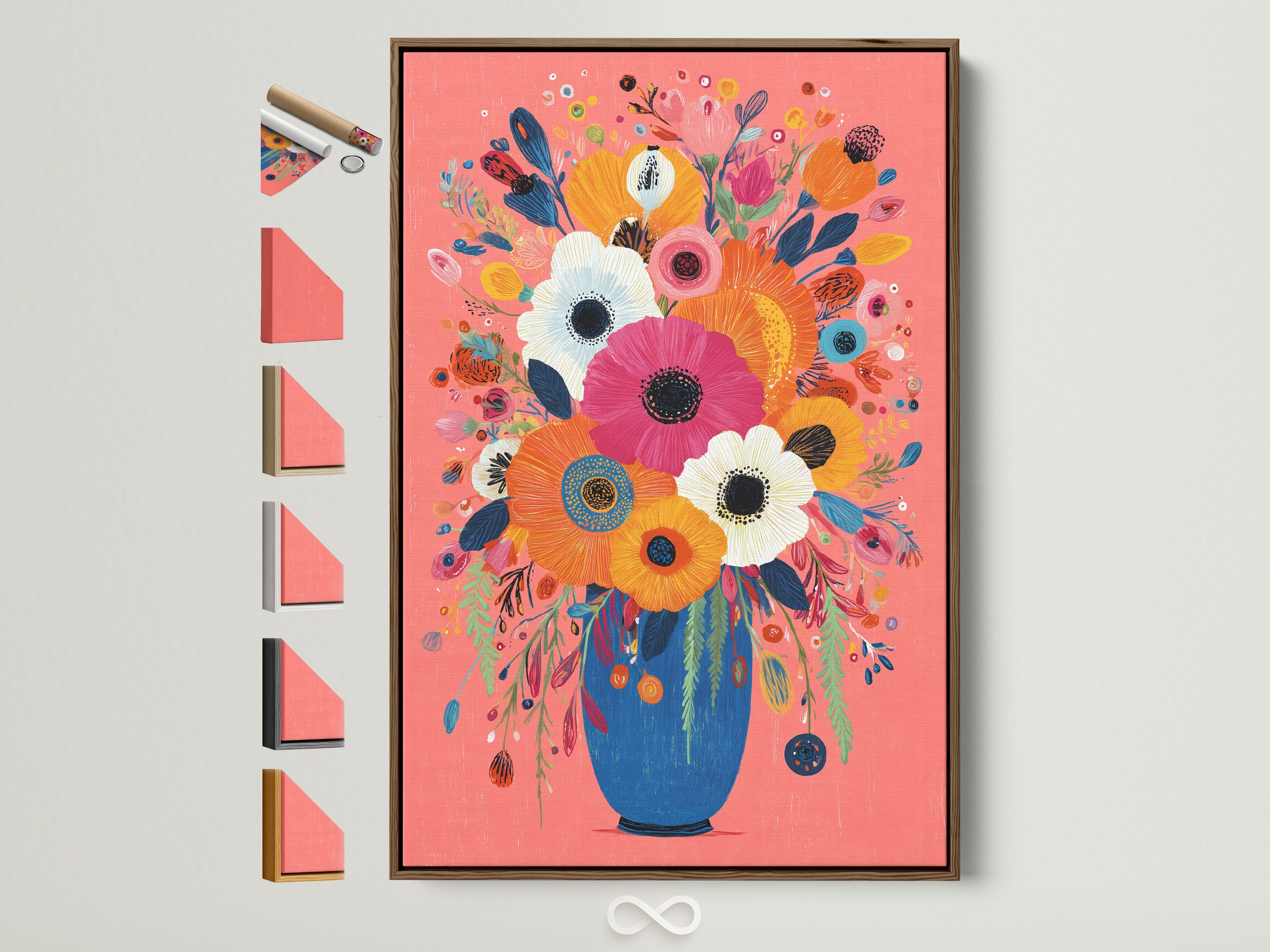 Colorful Floral Bouquet Art Print - Vibrant Flowers in Blue Vase Wall Art, Modern Botanical Poster, Pink Coral Home Decor
