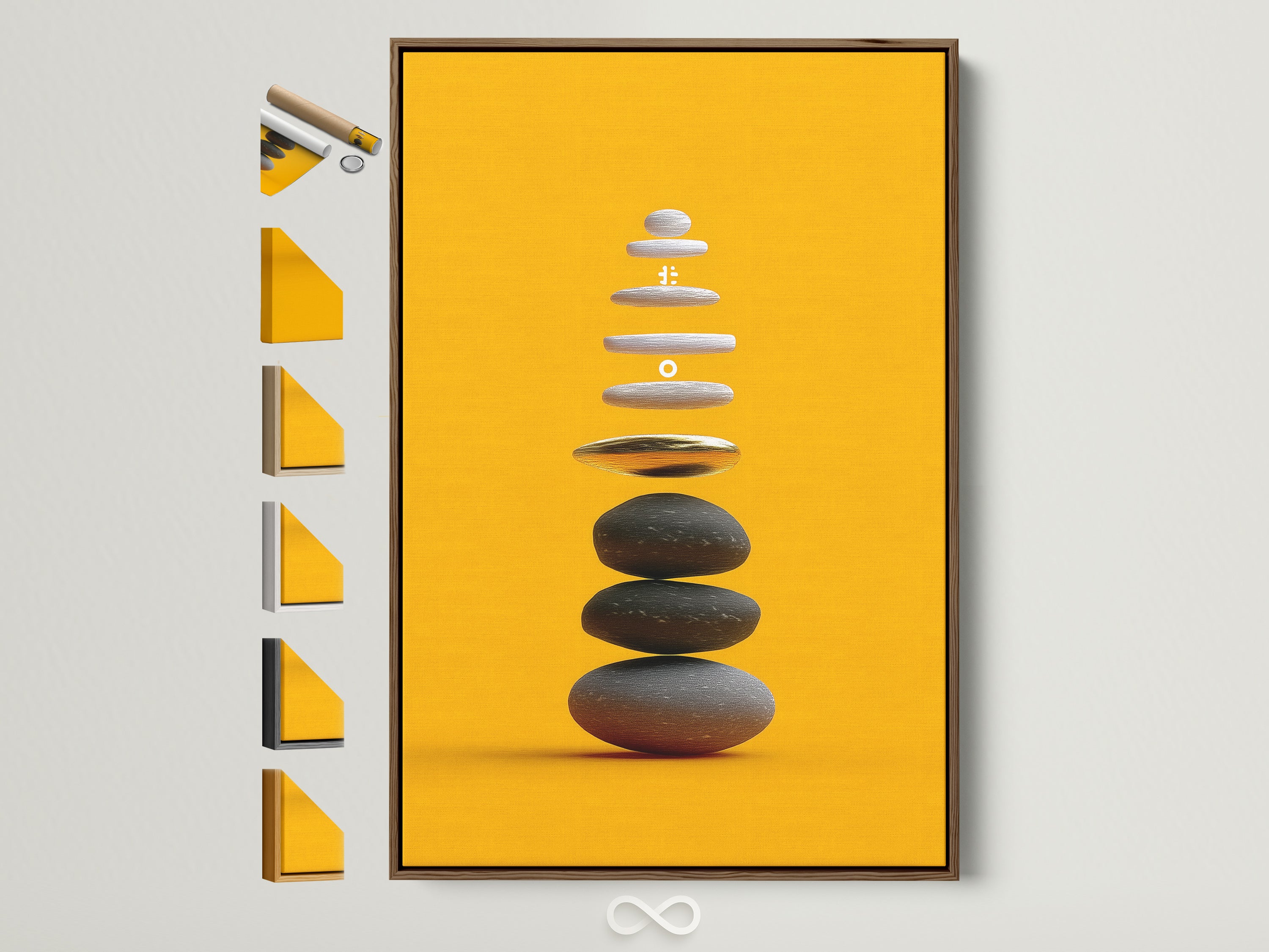 Zen Stone Canvas Print with a Brown Frame. This artwork features balancing stones against an ochre yellow backdrop. See all frame options available for this serene art piece. Perfect meditation decor.