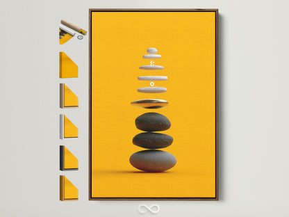 Zen Stone Canvas Print with a Brown Frame. This artwork features balancing stones against an ochre yellow backdrop. See all frame options available for this serene art piece. Perfect meditation decor.