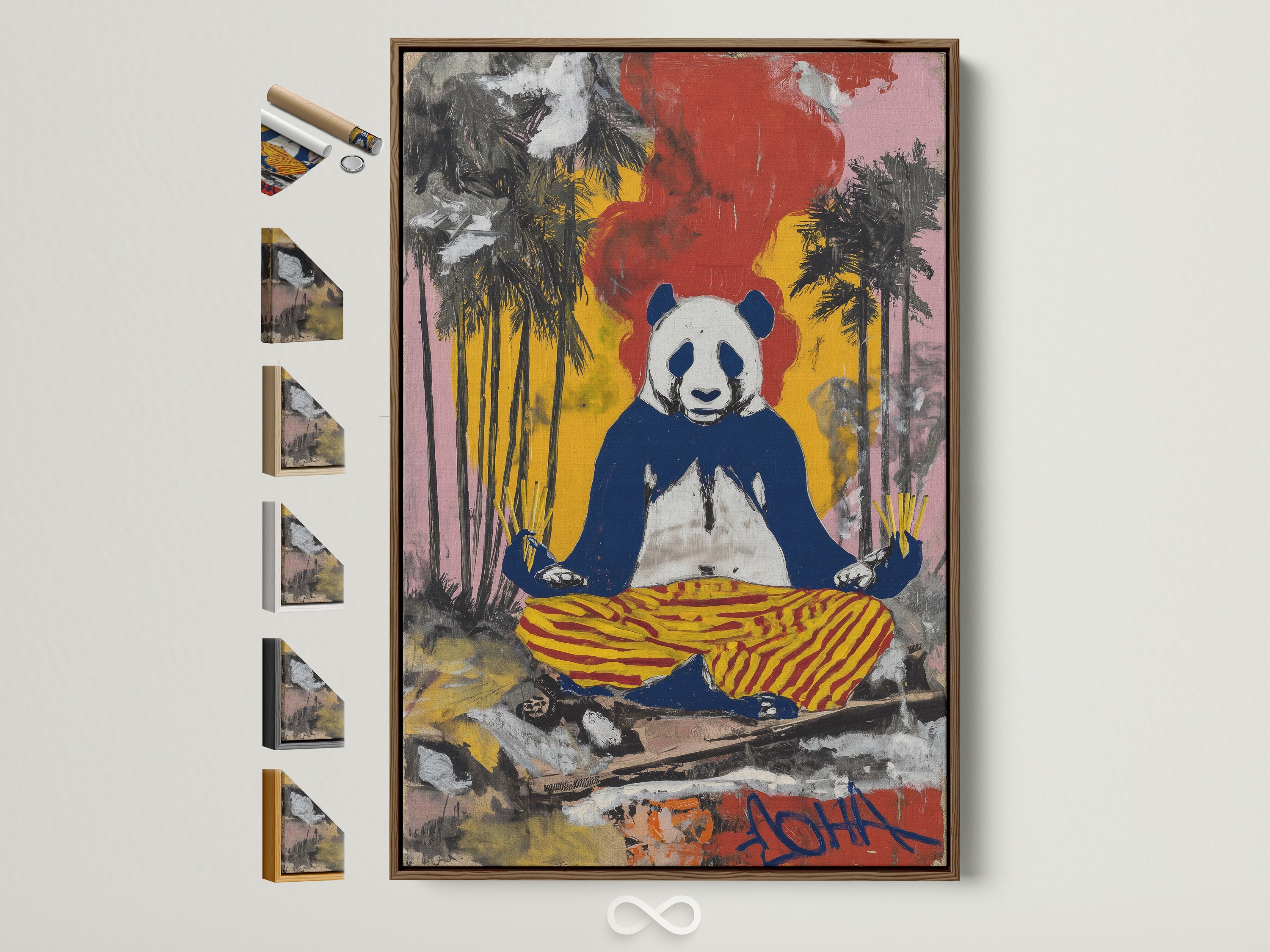 Zen Panda Canvas Print with a brown frame. The art is meditation street art. This colorful animal wall art is ideal for yoga studio decor. See all frame options available for this panda artwork.