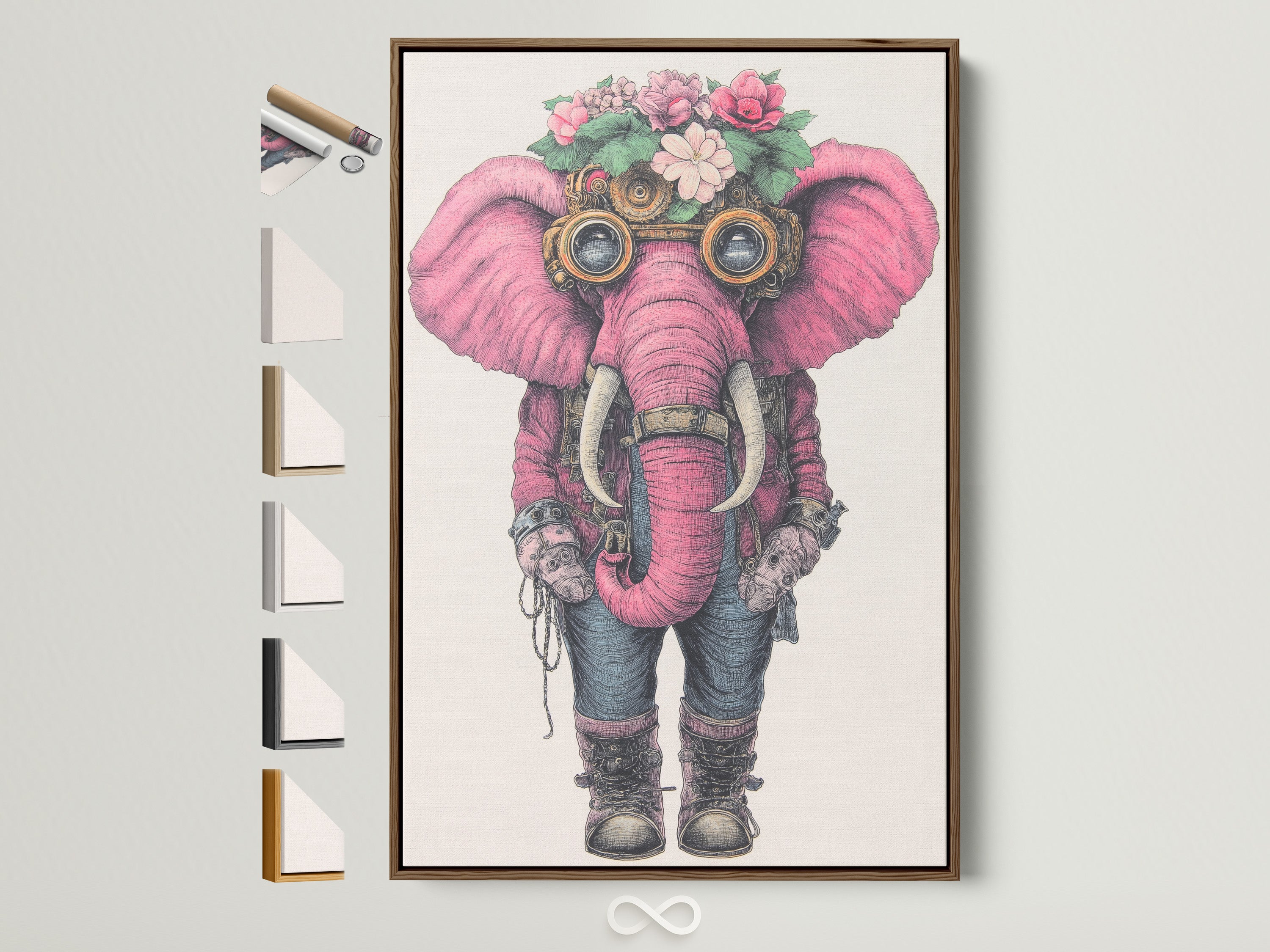 A steampunk elephant artwork is displayed in a brown frame. The artwork features a pink elephant with floral accents and steampunk goggles. The frame showcases various framing options available for this unique piece of whimsical art.