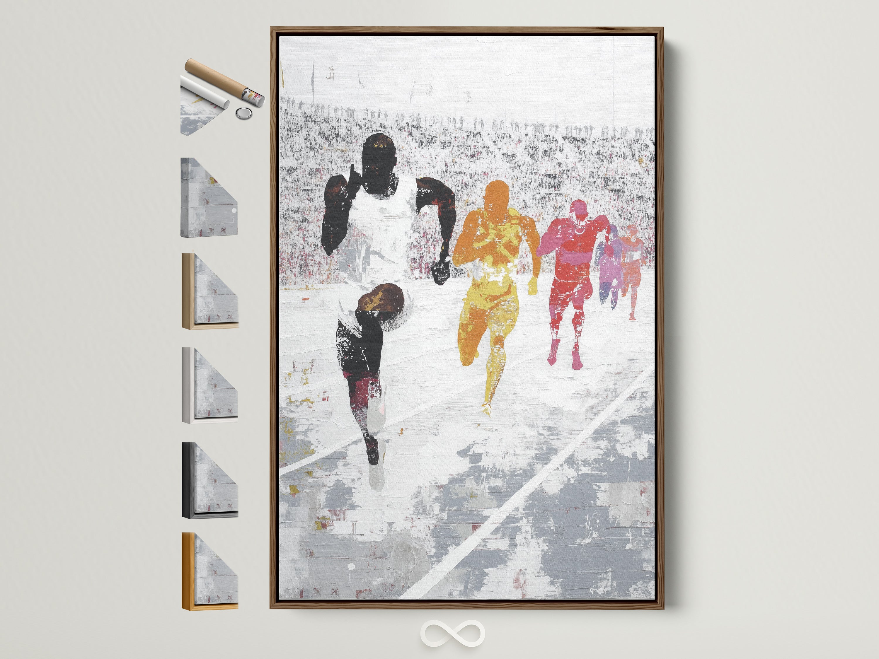 Marathon Runners artwork with a brown frame. This athletic sports wall artwork features colorful abstract running figures. See all frame options available on the side. It is perfect for adding a motivational touch to your home gym or sports-themed space.
