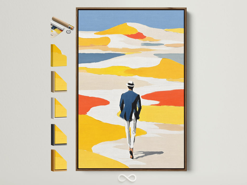 Abstract figure art print in a brown frame. The artwork features a person in a blue suit walking towards a vibrant landscape. Frame options are displayed on the side offering various choices. Perfect modern minimalist wall art.