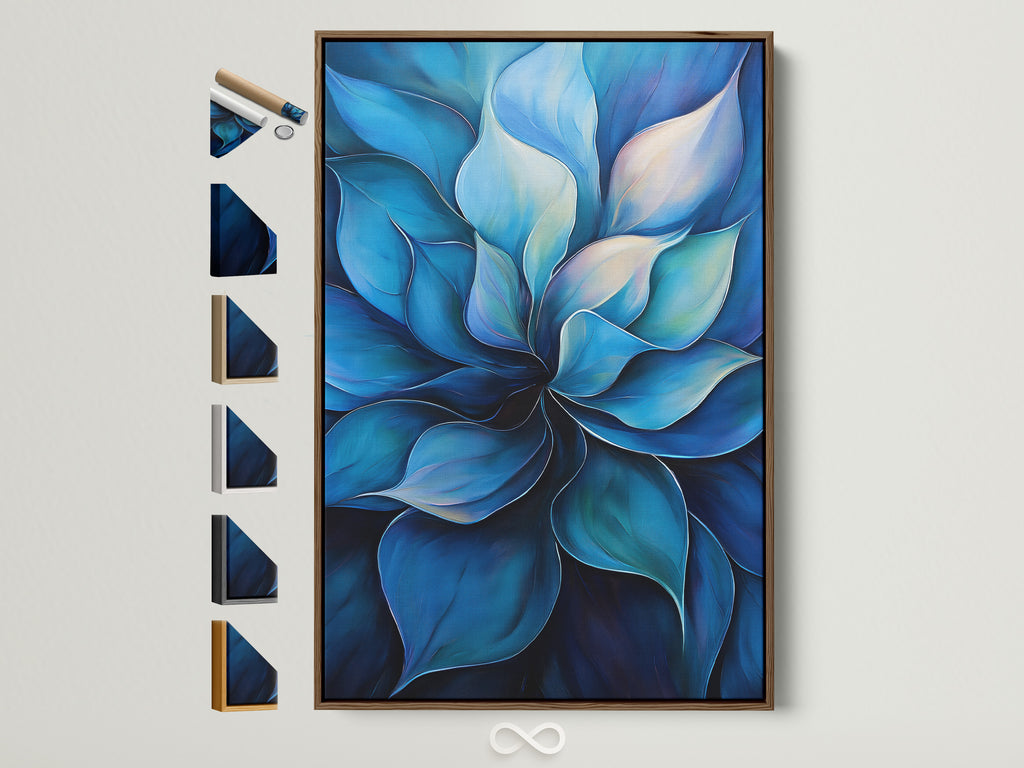 A blue flower artwork with a brown frame is showcased. Several frame options are displayed on the side. It allows customers to see the variety of choices available for their art. This modern botanical canvas print is ideal for adding a touch of nature to any room. It is perfect for homeowners and interior decorators.