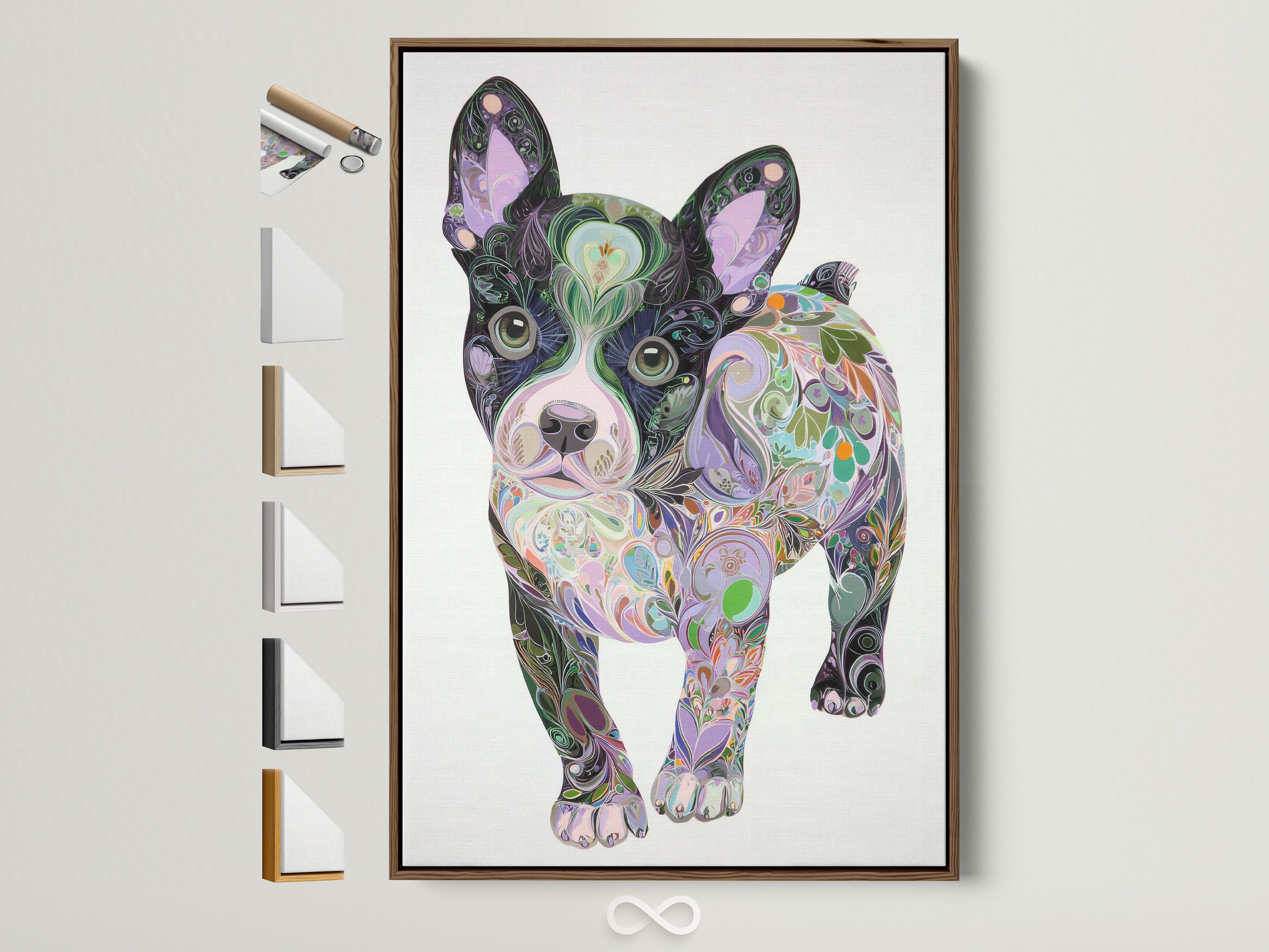 French Bulldog art in a brown floating frame. This colorful dog wall art features a psychedelic pet portrait. Perfect bedroom decor or a unique Frenchie art gift idea. See all frame options.
