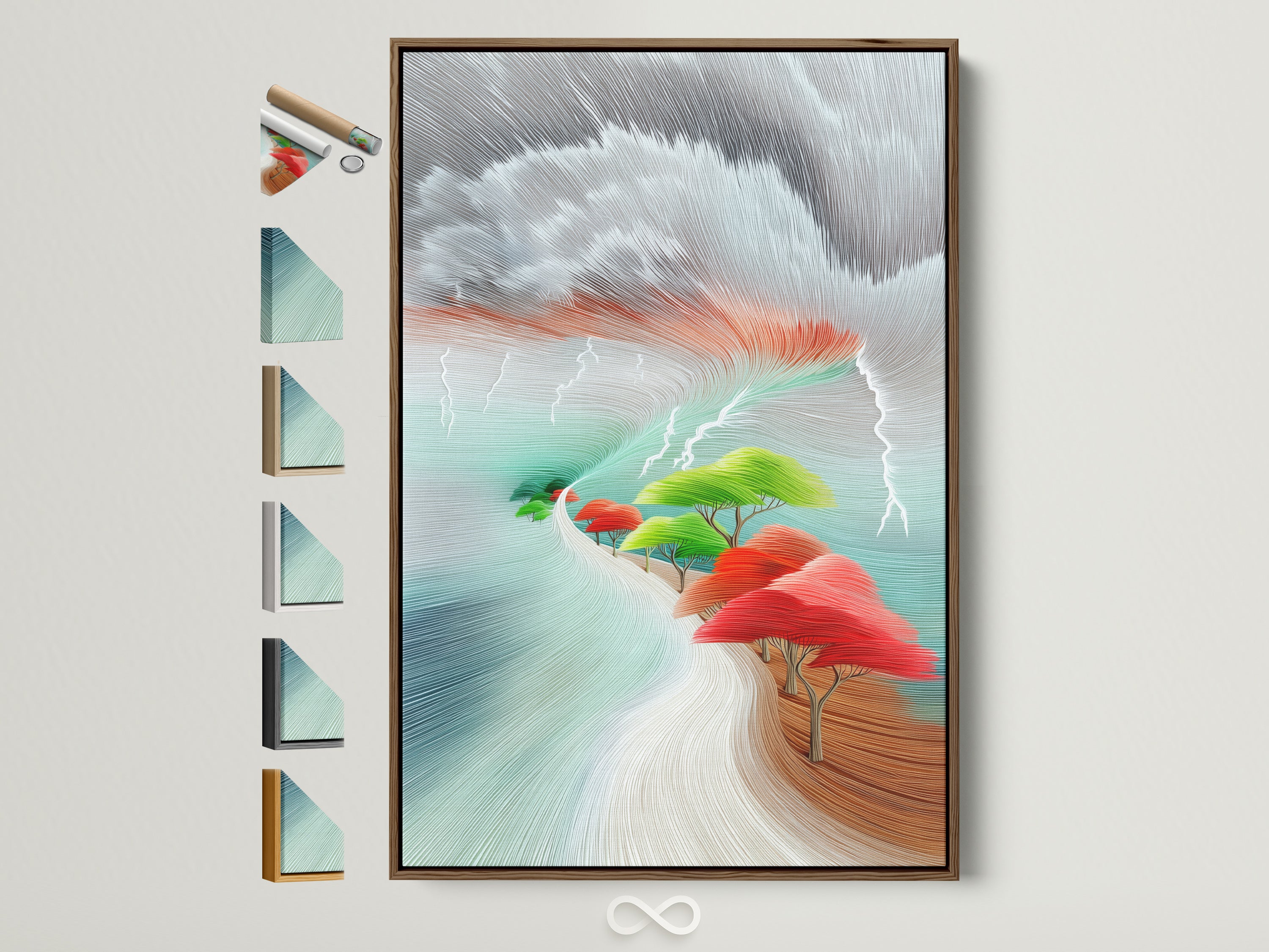 A brown frame showcases a vibrant abstract landscape art print. The artwork features colorful trees and a modern nature scene. Frame options are displayed on the side. Perfect modern wall art for your office or home decor.