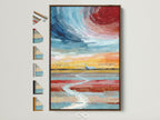 Elevate your space with this airplane flight canvas art print. The brown frame complements the abstract sky wall art. A modern sunset artwork adds color to any room.  All frame options are displayed on the side. Perfect aviation gift for travel art enthusiasts.