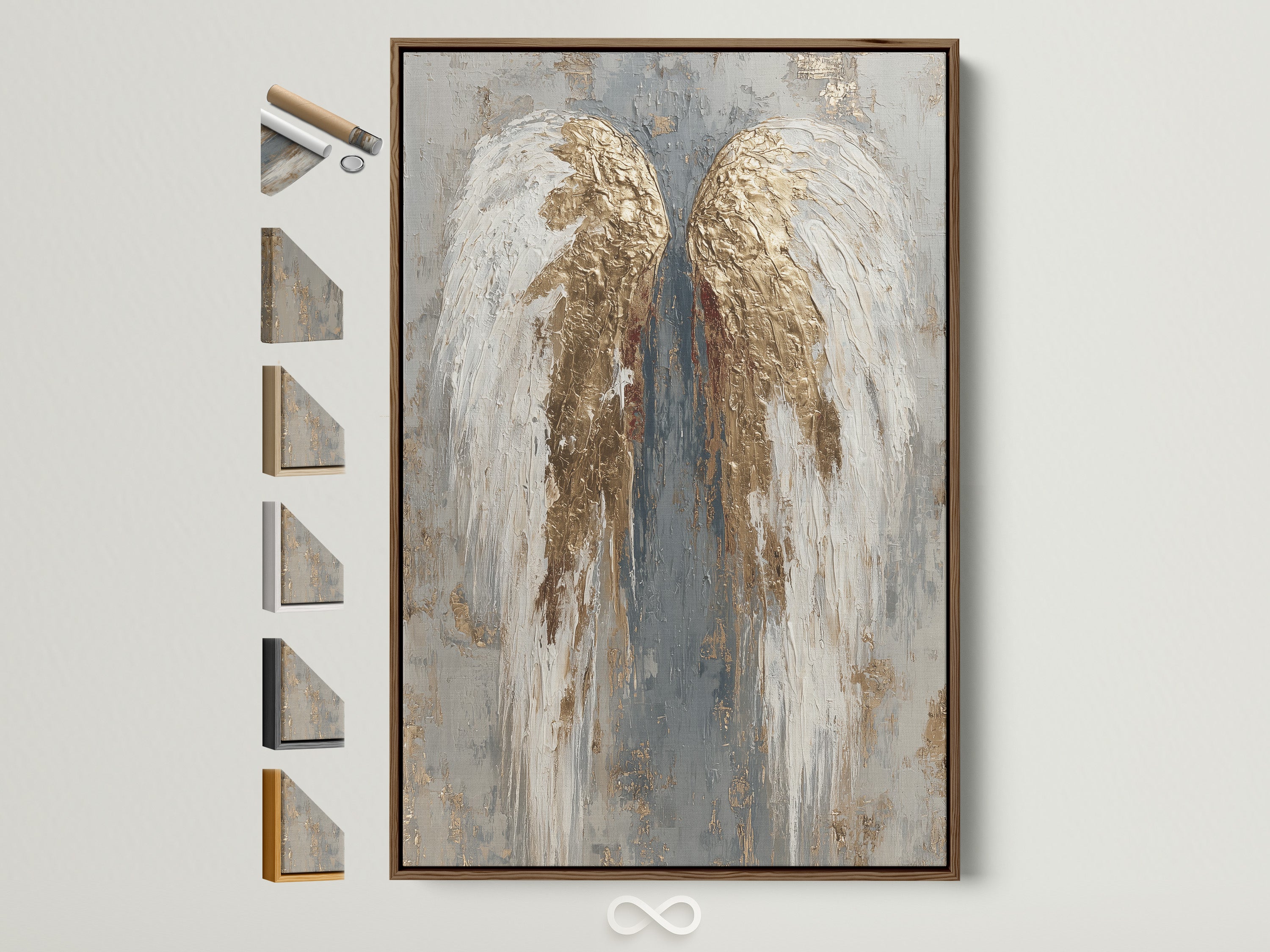 Artwork featuring angel wings adorns a wall. It is encased in a brown frame. Frame samples are displayed beside the art. Explore frame options to complement your artwork. This will enhance your home decor.
