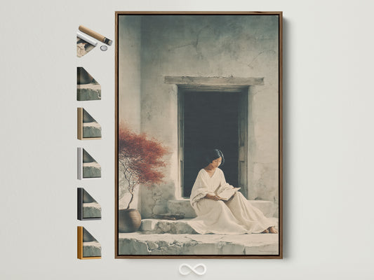 Experience art in a new light. This photo features artwork in a brown frame. You can see all frame options on the side. Find the perfect frame to complement your style. Transform your space with our stunning framed art.