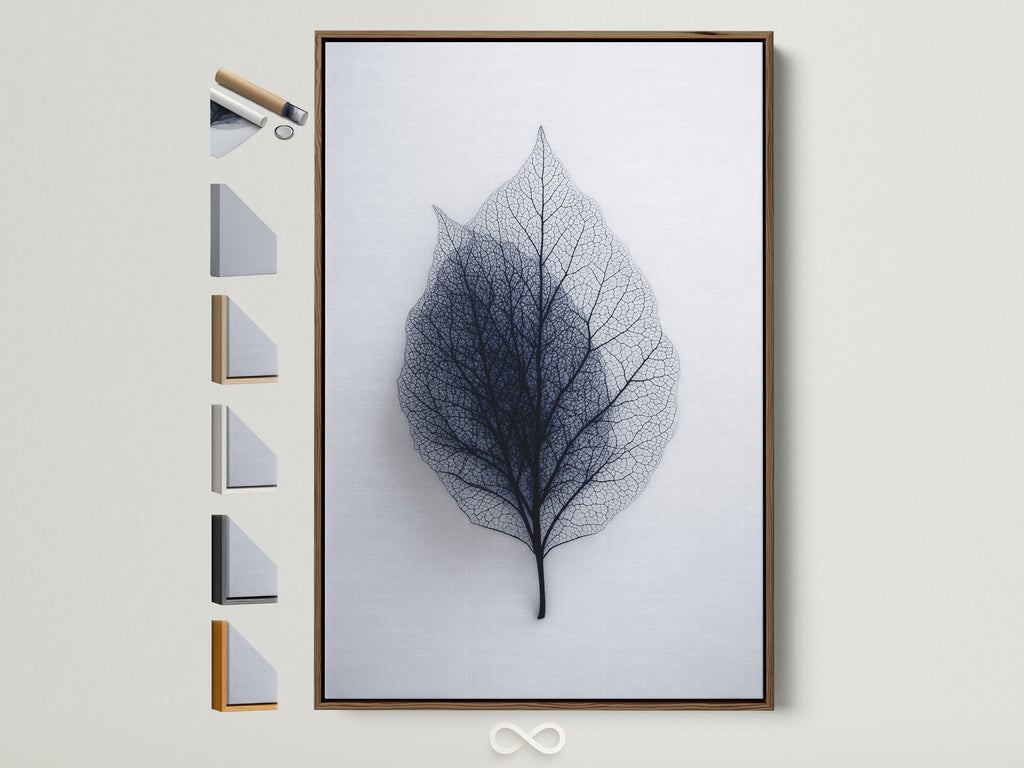 Framed leaf art options on display. A brown frame showcases the artwork. See all frame colors next to the displayed art. Find the perfect frame to complement your style. Decorate your space with framed art.