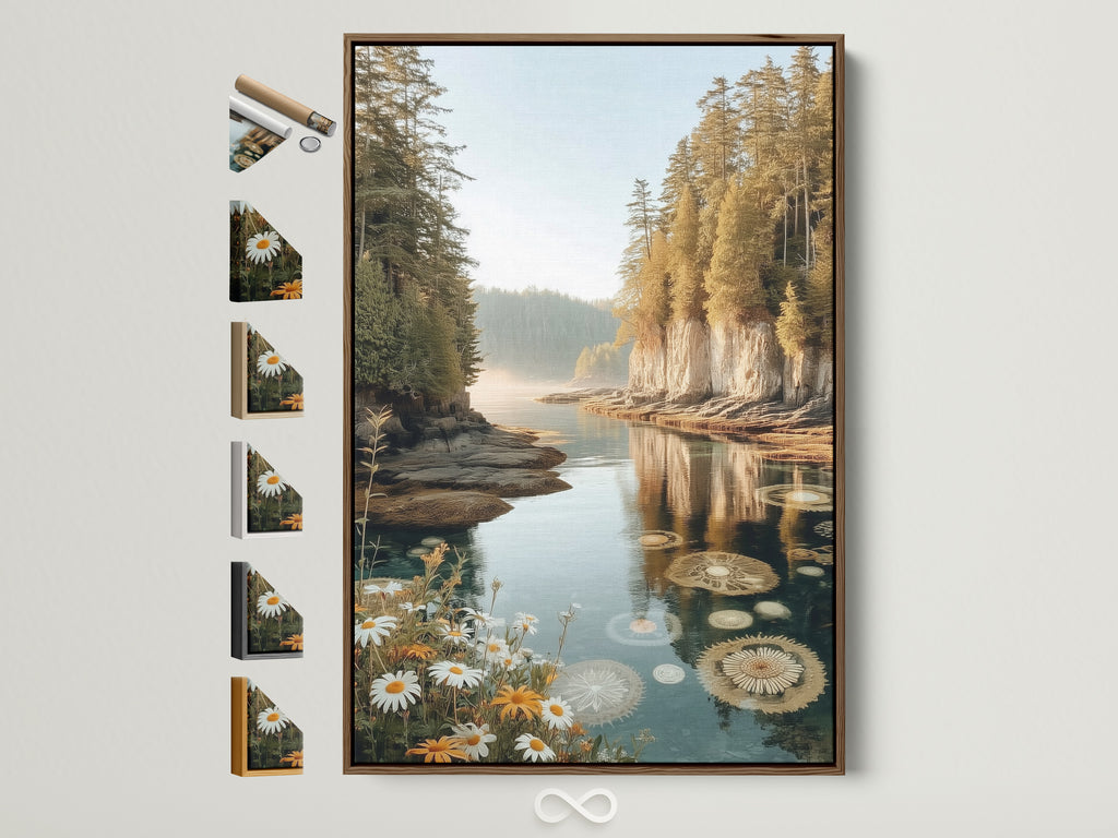 Explore framing options for your lake reflection art. See all available frame colors to perfectly match your bedroom wall decor. Choose a brown frame to highlight your artwork. Showcase your style with framed autumn forest prints.