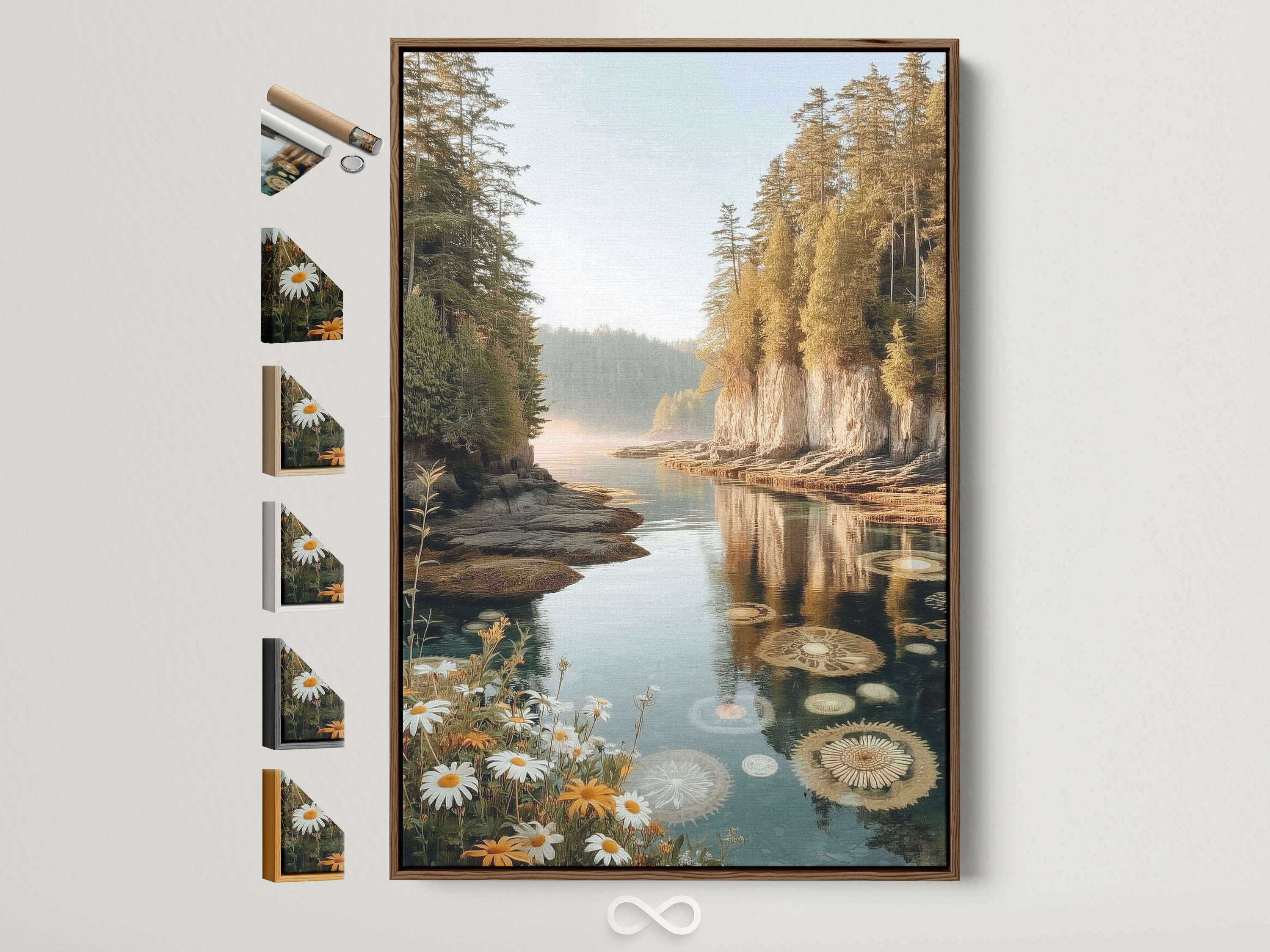 Explore framing options for your lake reflection art. See all available frame colors to perfectly match your bedroom wall decor. Choose a brown frame to highlight your artwork. Showcase your style with framed autumn forest prints.