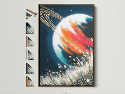Saturn Canvas Print in a brown frame. The artwork features a colorful space scene. It is abstract galaxy artwork perfect for a bedroom. Explore all our frame options to customize your celestial home decor. Find the perfect frame to complement this modern wall art.