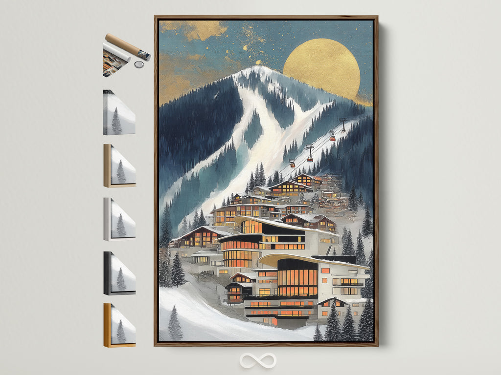 A framed Alpine Village artwork is displayed. The frame is a light brown color. Several frame options are laid out beside the main artwork. This mountain wall art is perfect for chalet owners. It will complement mountain lodge styles.