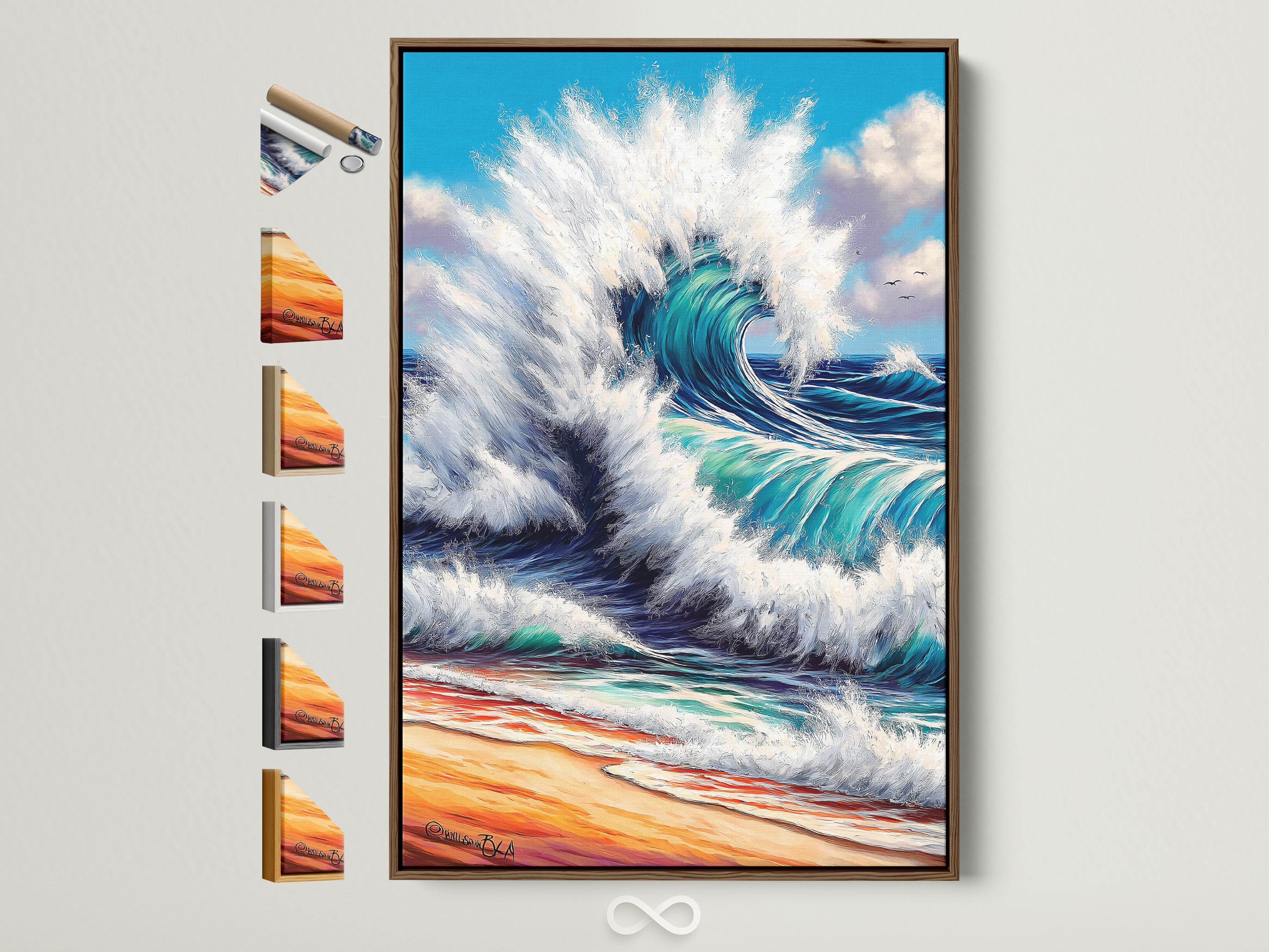 The framed ocean wave artwork is displayed with various frame options. See brown oak white black and gold frames. Find the perfect teal seascape canvas print to complement your coastal living room wall art. This artwork brings the beach to your home.