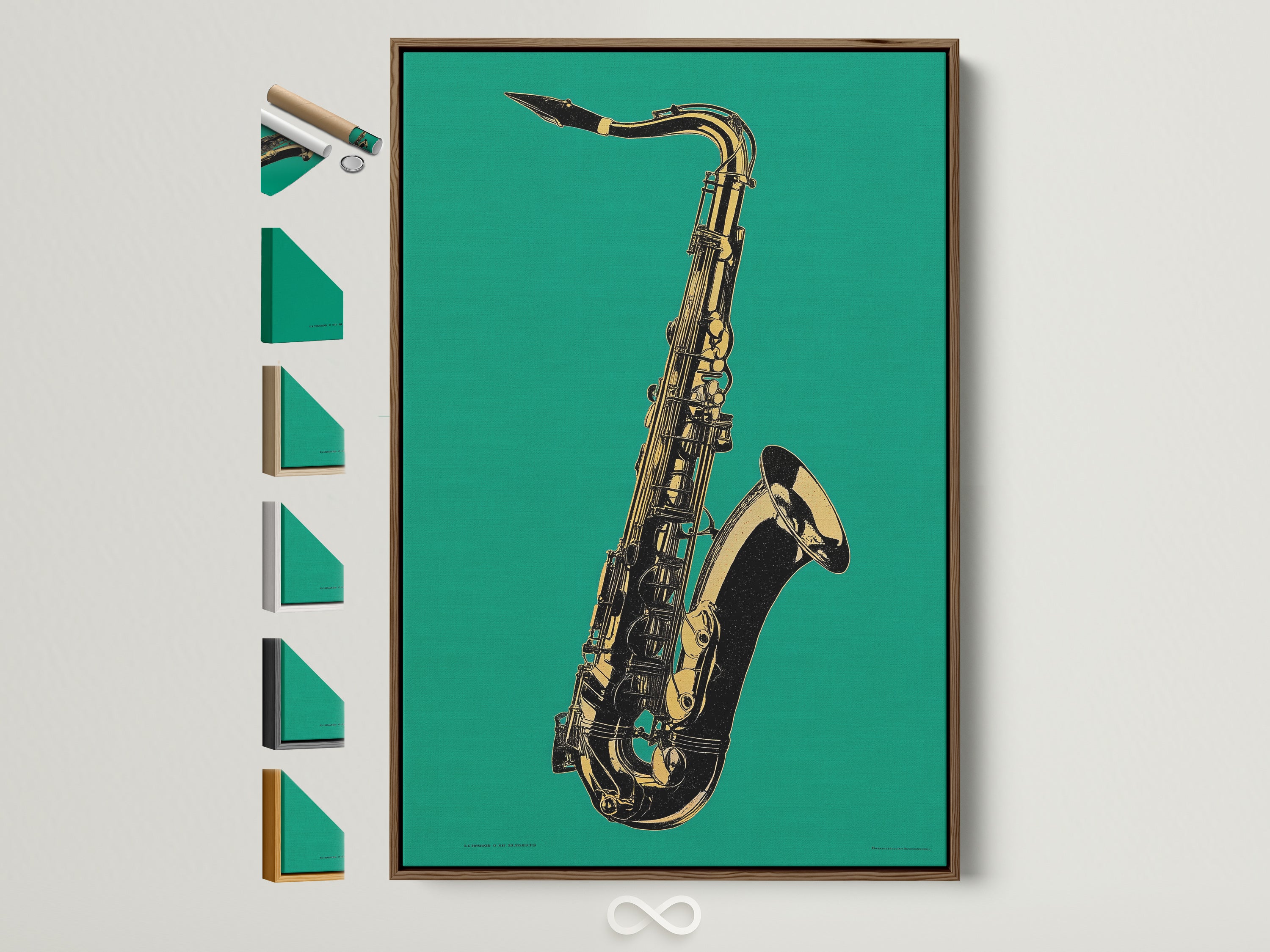 Saxophone wall art with a brown frame displayed on a wall. The artwork features a teal green background. A golden saxophone is centered. This jazz instrument canvas print adds a musical touch to any room. Explore frame options for this music room decor.